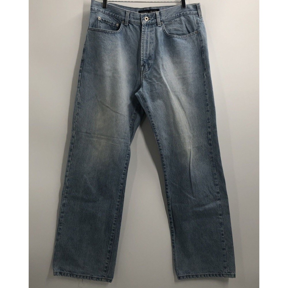 Guess Mens Denim Jeans 36x31 Straight Leg Blue Light Wash Distressed Cotton